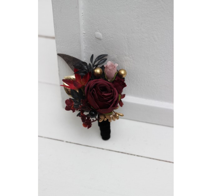  Wedding boutonnieres and wrist corsage  in Halloween color theme. Burgundy black gold beige  accessories. 0018 EU UK