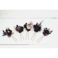 Set of 5 hair pins in deep purple black gold beige color scheme. Hair accessories. Flower accessories for wedding. Black EU UK