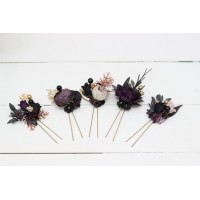  Set of 5 hair pins in deep purple black gold beige color scheme. Hair accessories. Flower accessories for wedding. Black EU UK