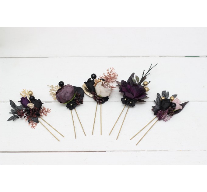 Set of 5 hair pins in deep purple black gold beige color scheme. Hair accessories. Flower accessories for wedding. Black EU UK