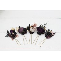  Set of 5 hair pins in deep purple black gold beige color scheme. Hair accessories. Flower accessories for wedding. Black EU UK