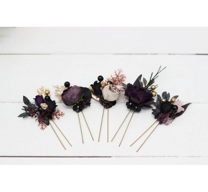  Set of 5 hair pins in deep purple black gold beige color scheme. Hair accessories. Flower accessories for wedding. Black EU UK