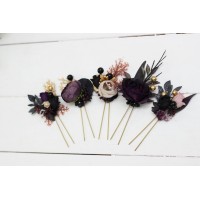  Set of 5 hair pins in deep purple black gold beige color scheme. Hair accessories. Flower accessories for wedding. Black EU UK