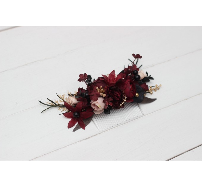 Flower comb in burgundy black gold beige color scheme. Wedding accessories for hair. Bridal flower comb. Bridesmaid floral comb. Halloween wedding. 0018 EU UK