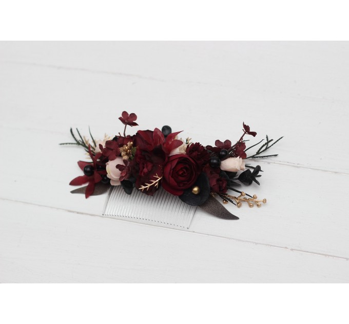 Flower comb in burgundy black gold beige color scheme. Wedding accessories for hair. Bridal flower comb. Bridesmaid floral comb. Halloween wedding. 0018 EU UK