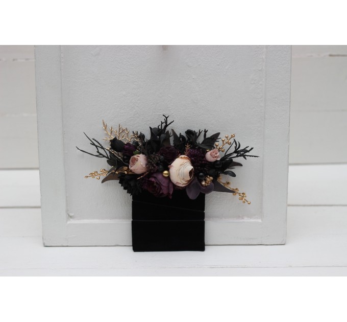 Pocket boutonniere in deep purple black gold beige color scheme. Flower accessories. BLACK EU UK