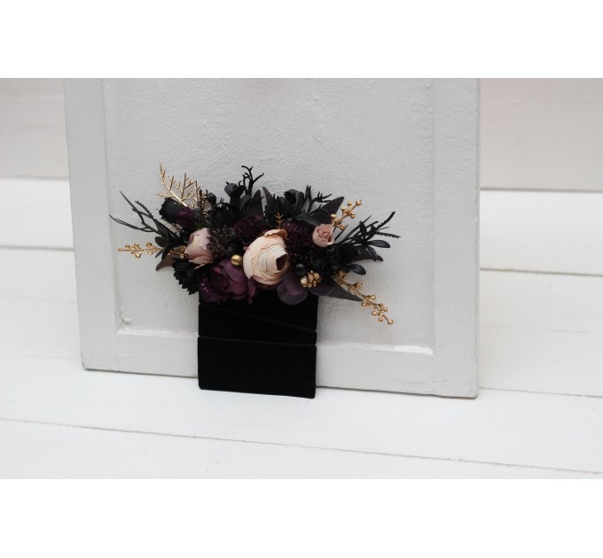 Pocket boutonniere in deep purple black gold beige color scheme. Flower accessories. BLACK EU UK