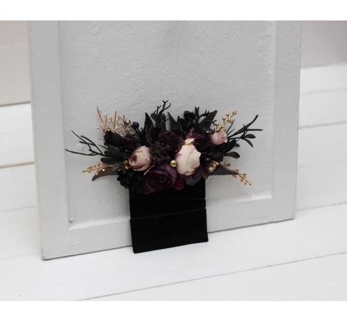 Pocket boutonniere in deep purple black gold beige color scheme. Flower accessories. BLACK EU UK