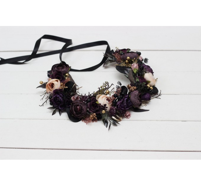 CR-1 Deep purple black gold beige flower crown. Hair wreath. Flower girl crown. Wedding flowers. Halloween wedding. BLACK EU UK