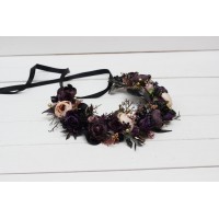 CR-1 Deep purple black gold beige flower crown. Hair wreath. Flower girl crown. Wedding flowers. Halloween wedding. BLACK EU UK