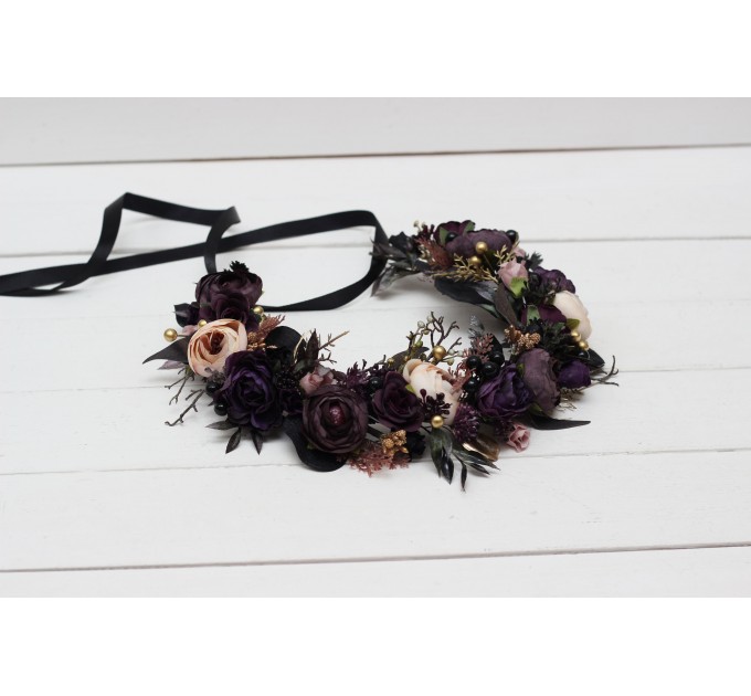 CR-1 Deep purple black gold beige flower crown. Hair wreath. Flower girl crown. Wedding flowers. Halloween wedding. BLACK EU UK