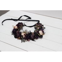 CR-1 Deep purple black gold beige flower crown. Hair wreath. Flower girl crown. Wedding flowers. Halloween wedding. BLACK EU UK