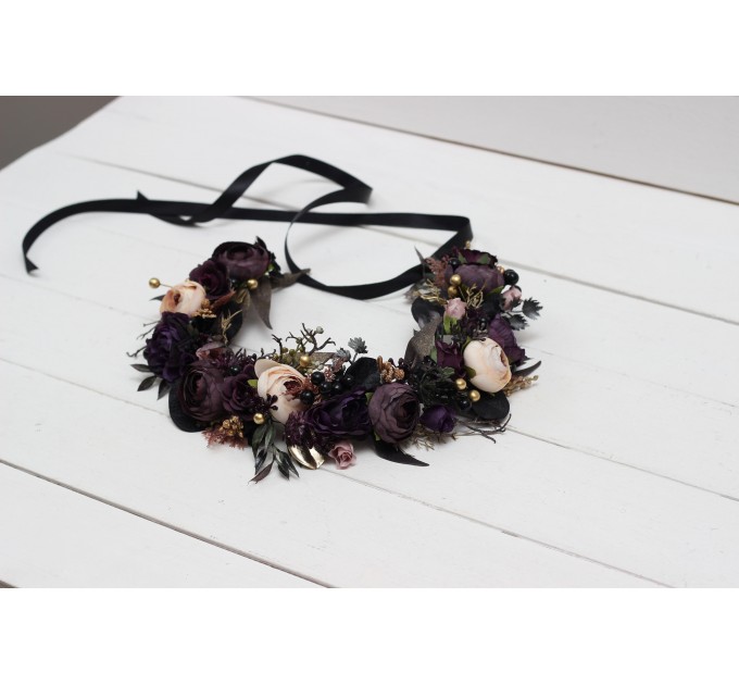 CR-1 Deep purple black gold beige flower crown. Hair wreath. Flower girl crown. Wedding flowers. Halloween wedding. BLACK EU UK