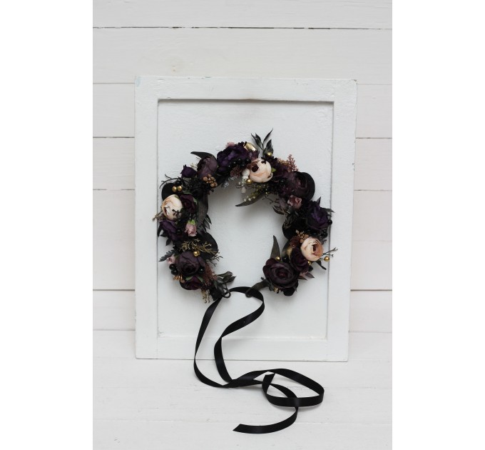 CR-1 Deep purple black gold beige flower crown. Hair wreath. Flower girl crown. Wedding flowers. Halloween wedding. BLACK EU UK