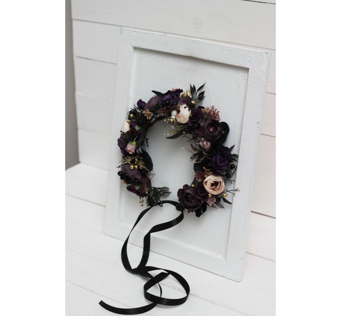 CR-1 Deep purple black gold beige flower crown. Hair wreath. Flower girl crown. Wedding flowers. Halloween wedding. BLACK EU UK