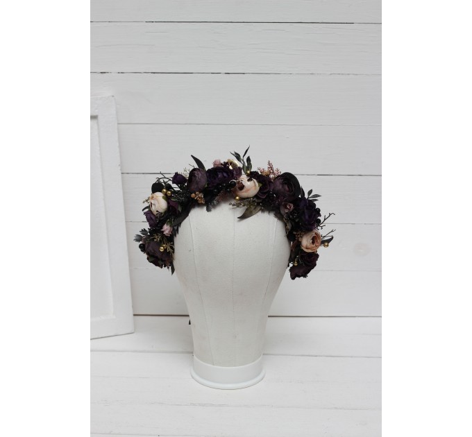 CR-1 Deep purple black gold beige flower crown. Hair wreath. Flower girl crown. Wedding flowers. Halloween wedding. BLACK EU UK