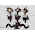  Wedding boutonnieres and wrist corsage  in purple black gold beige color theme. Flower accessories. BLACK EU UK