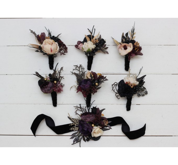 Wedding boutonnieres and wrist corsage in purple black gold beige color theme. Flower accessories. BLACK EU UK