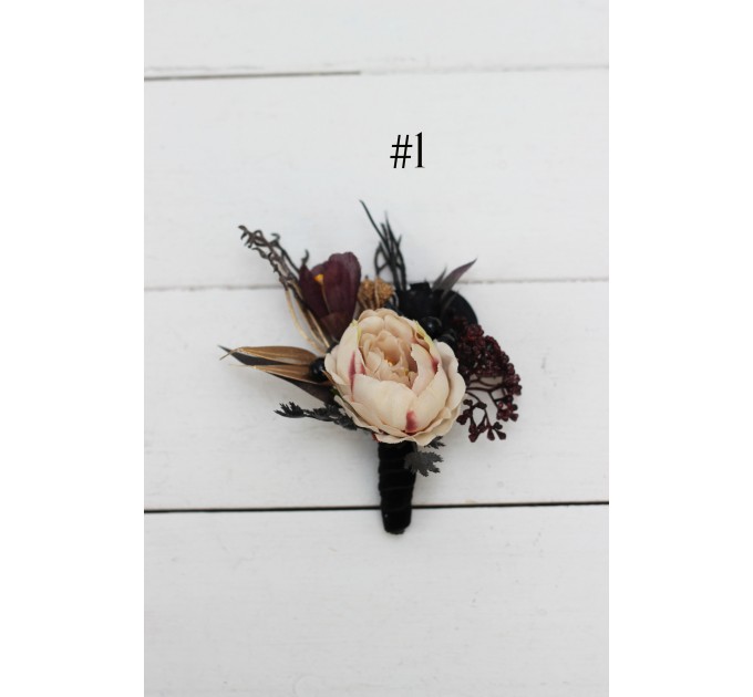  Wedding boutonnieres and wrist corsage  in purple black gold beige color theme. Flower accessories. BLACK EU UK