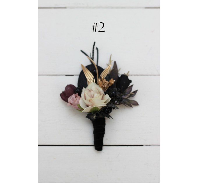  Wedding boutonnieres and wrist corsage  in purple black gold beige color theme. Flower accessories. BLACK EU UK