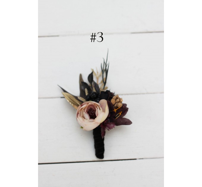  Wedding boutonnieres and wrist corsage  in purple black gold beige color theme. Flower accessories. BLACK EU UK