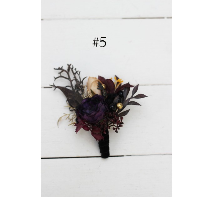 Wedding boutonnieres and wrist corsage in purple black gold beige color theme. Flower accessories. BLACK EU UK