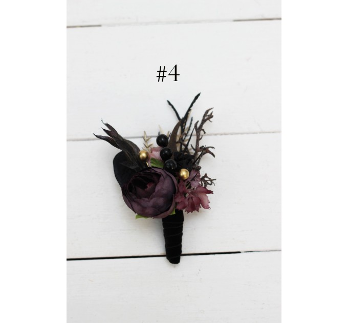 Wedding boutonnieres and wrist corsage in purple black gold beige color theme. Flower accessories. BLACK EU UK