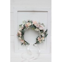 Beige white blush pink flower crown. Hair wreath. Flower girl crown. Wedding flowers. 0028