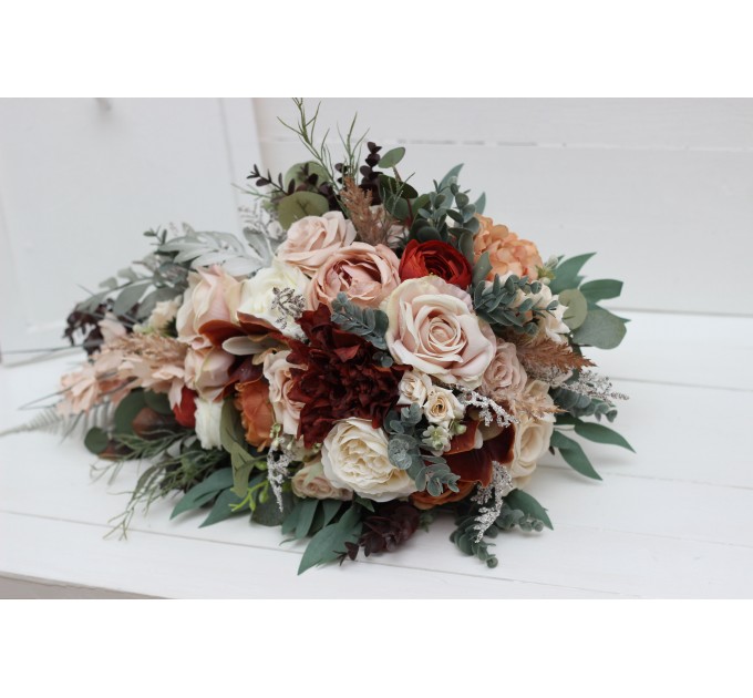 Wedding bouquets in beige terracotta white blush pink colors. Bridal bouquet. Cascading bouquet. Faux bouquet. Bridesmaid bouquet. 0027