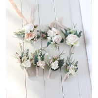  Wedding boutonnieres and wrist corsage  in beige white blush pink color theme. Flower accessories. 0028