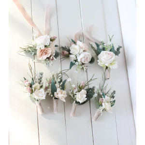  Wedding boutonnieres and wrist corsage  in beige white blush pink color theme. Flower accessories. 0028