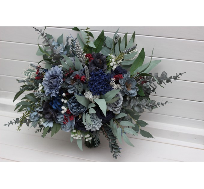 Bouquets in navy blue dusty blue burgundy sage greencolor theme. Bridal bouquet. Faux bouquet. Bridesmaid bouquet. 5332