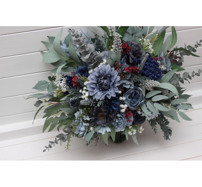 Bouquets in navy blue dusty blue burgundy sage greencolor theme. Bridal bouquet. Faux bouquet. Bridesmaid bouquet. 5332