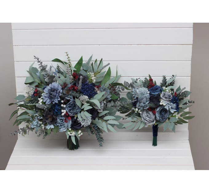 Bouquets in navy blue dusty blue burgundy sage greencolor theme. Bridal bouquet. Faux bouquet. Bridesmaid bouquet. 5332