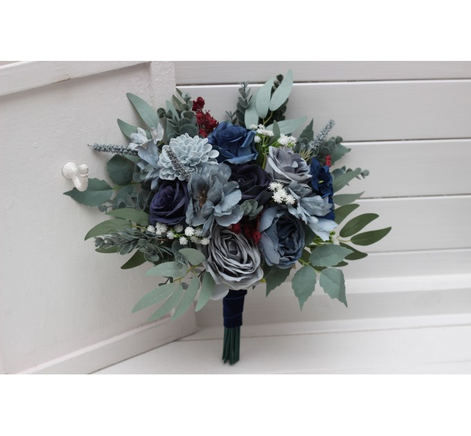 Bouquets in navy blue dusty blue burgundy sage greencolor theme. Bridal bouquet. Faux bouquet. Bridesmaid bouquet. 5332