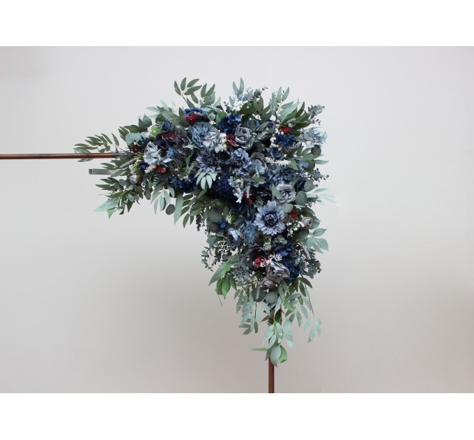  Flower arch arrangement in navy blue dusty blue burgundy sage green colors.  Arbor flowers. Floral archway. Faux flowers for wedding arch. 5332