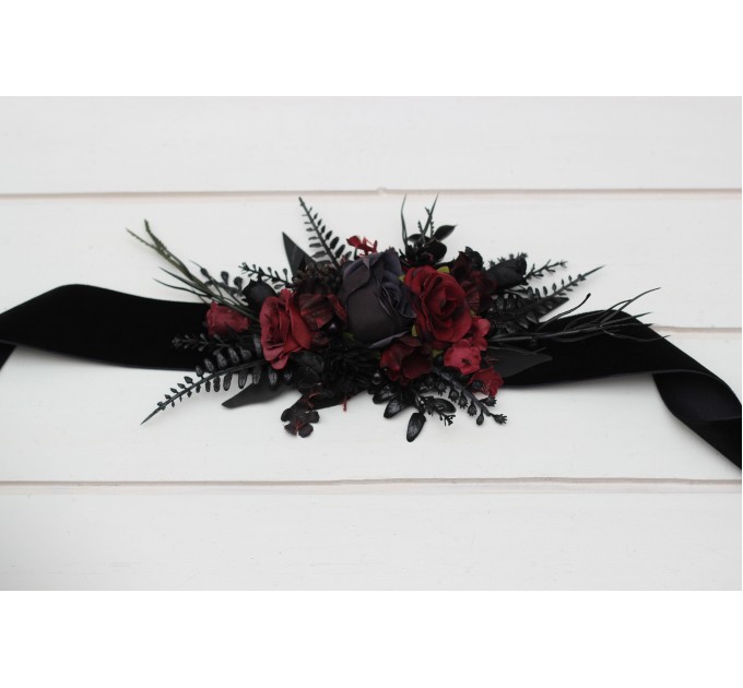 Black and burgundy flower belt for wedding. Floral sash. Bridal belt. Flower girl belt. 5325