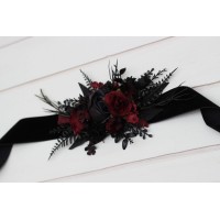 Black and burgundy flower belt for wedding. Floral sash. Bridal belt. Flower girl belt. 5325