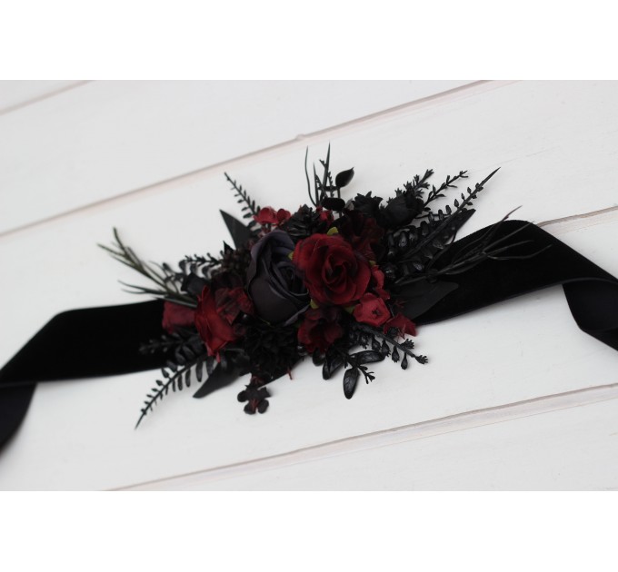 Black and burgundy flower belt for wedding. Floral sash. Bridal belt. Flower girl belt. 5325