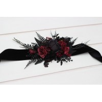 Black and burgundy flower belt for wedding. Floral sash. Bridal belt. Flower girl belt. 5325