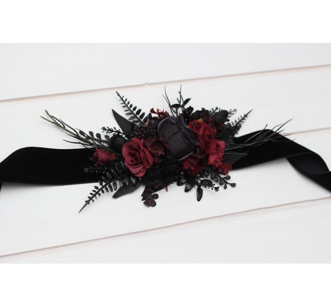 Black and burgundy flower belt for wedding. Floral sash. Bridal belt. Flower girl belt. 5325