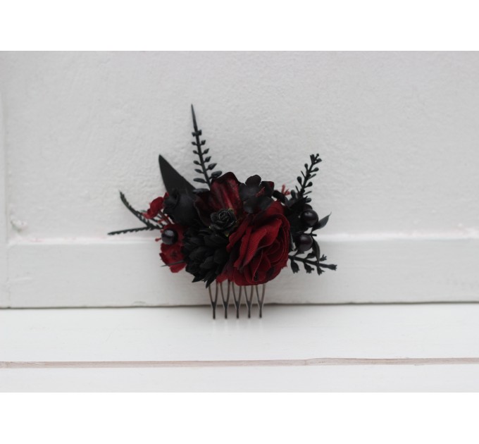 Flower comb in black burgundy color scheme. Wedding accessories for hair. Bridal flower comb. Bridesmaid floral comb. 5325