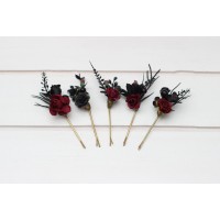  Set of  5 bobby pins in black-burgundy color scheme. Hair accessories. Flower accessories for wedding.  5325