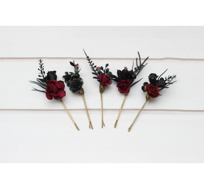  Set of  5 bobby pins in black-burgundy color scheme. Hair accessories. Flower accessories for wedding.  5325