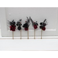  Set of  5 bobby pins in black-burgundy color scheme. Hair accessories. Flower accessories for wedding.  5325