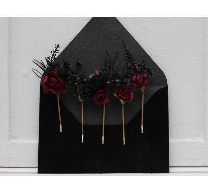  Set of  5 bobby pins in black-burgundy color scheme. Hair accessories. Flower accessories for wedding.  5325