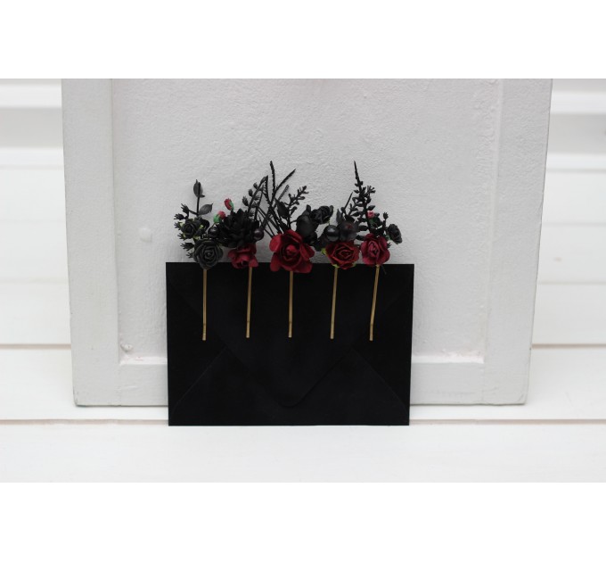  Set of  5 bobby pins in black-burgundy color scheme. Hair accessories. Flower accessories for wedding.  5325