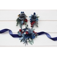  Wedding boutonnieres and wrist corsage  in navy blue dusty blue burgundy sage green color scheme. Flower accessories. 5332