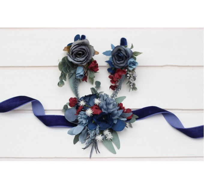  Wedding boutonnieres and wrist corsage  in navy blue dusty blue burgundy sage green color scheme. Flower accessories. 5332