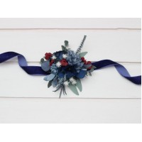  Wedding boutonnieres and wrist corsage  in navy blue dusty blue burgundy sage green color scheme. Flower accessories. 5332